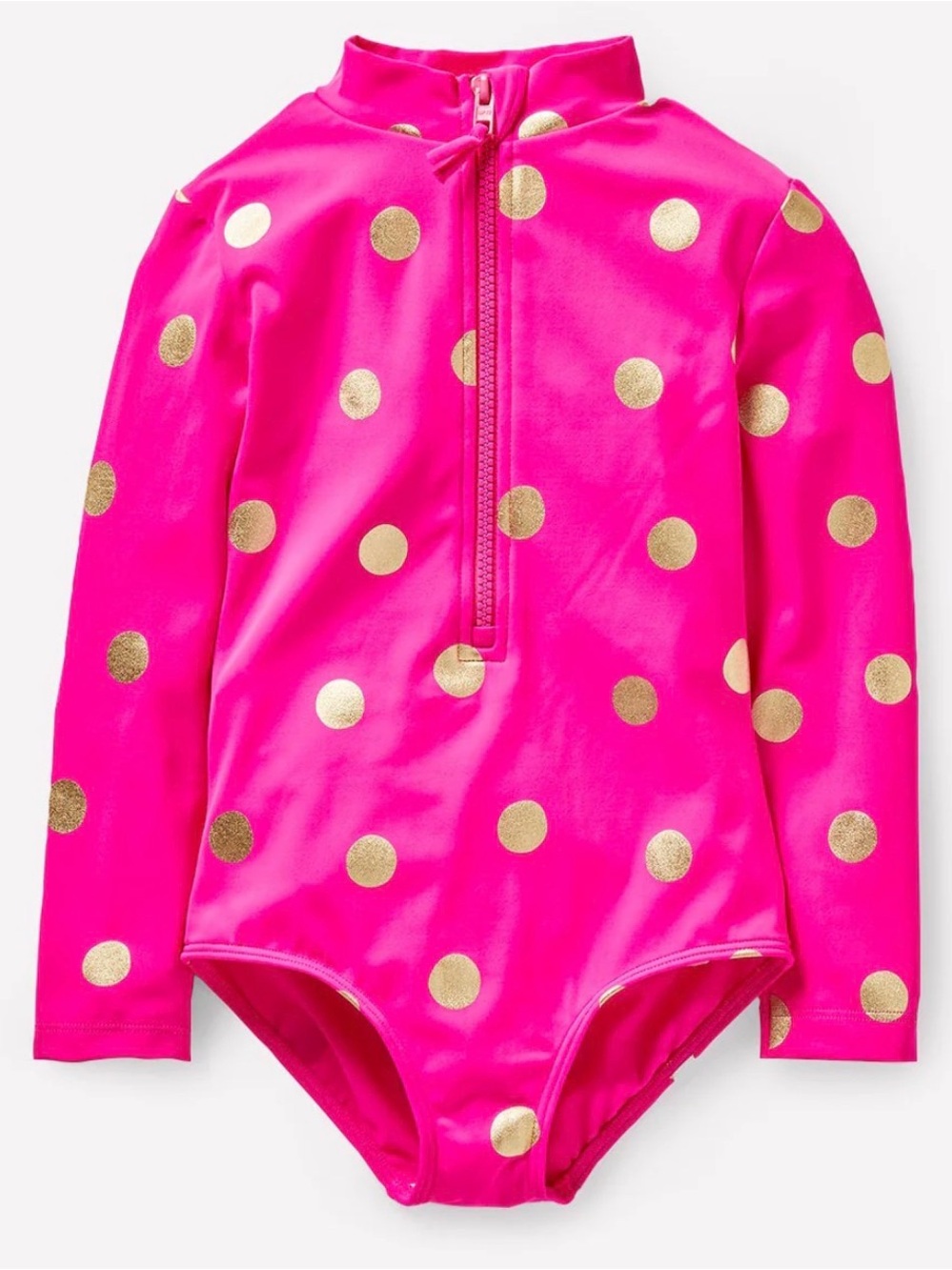 Boden Hot Pink Long-Sleeve One-Piece Swimsuit with Gold Polka Dots.